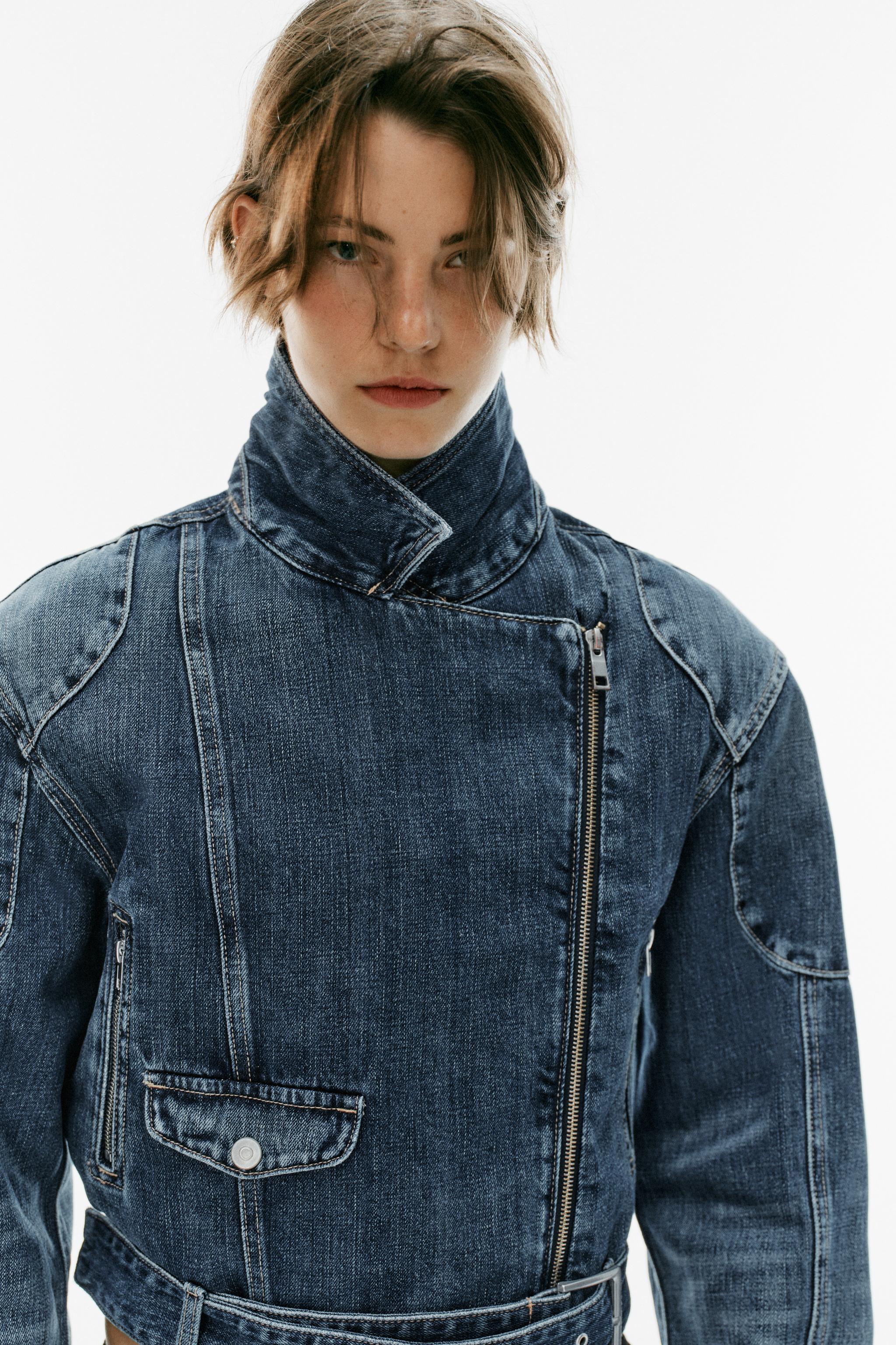 BLOUSON BIKER DENIM TRF CEINTURE